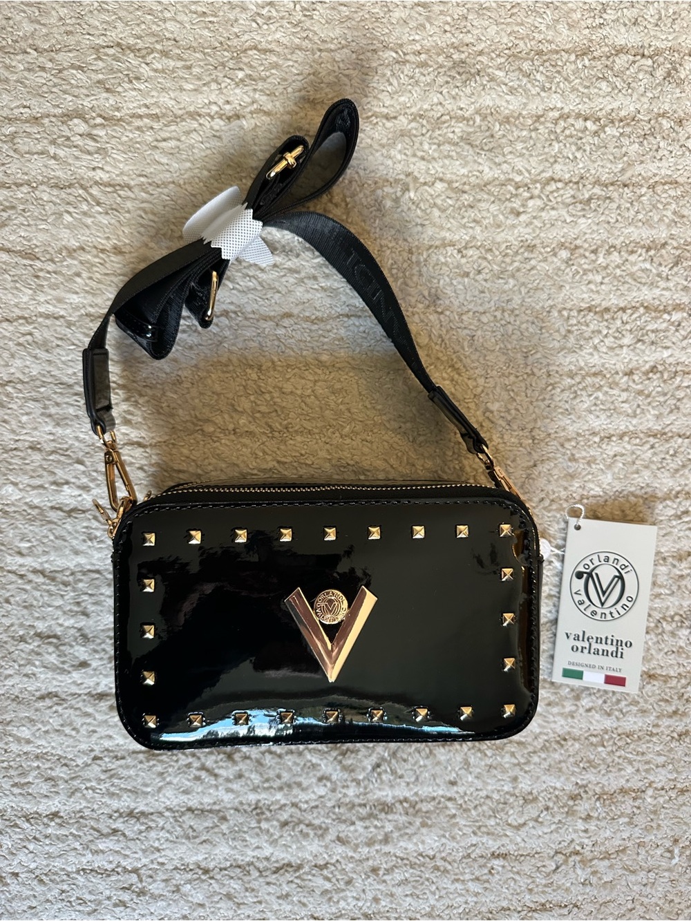 Valentino Orlandi Black Patent Crossbody with Gold V Emblem